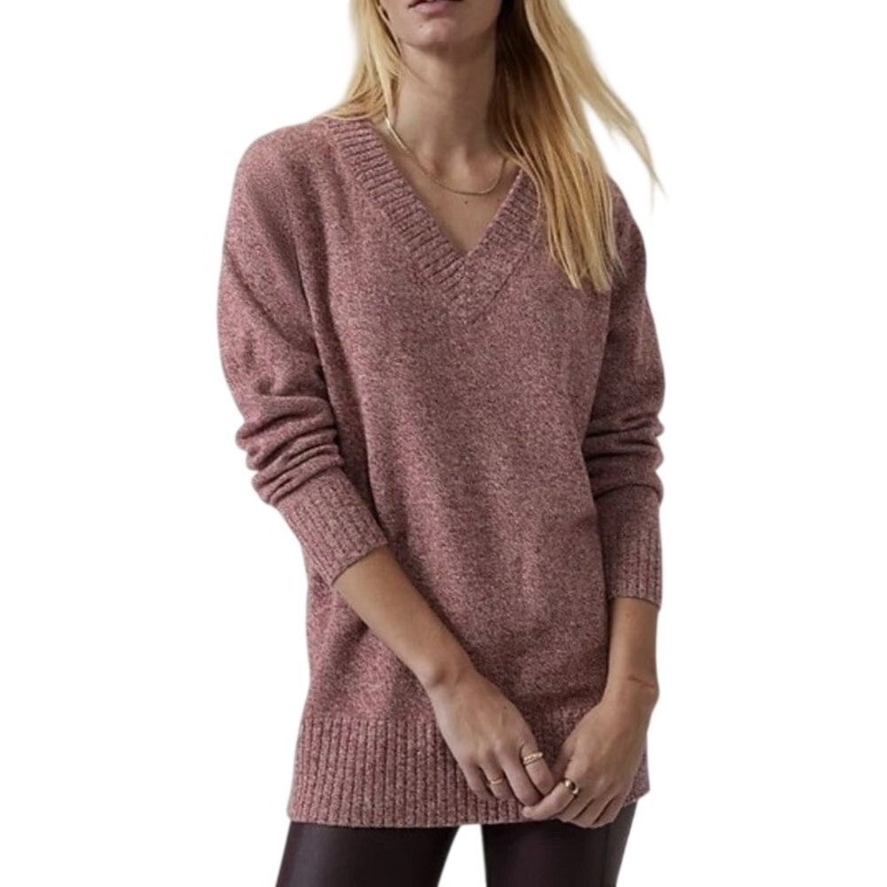 Athleta Women's M Pink Vital V-Neck Tunic Wool Cashmere Sweater